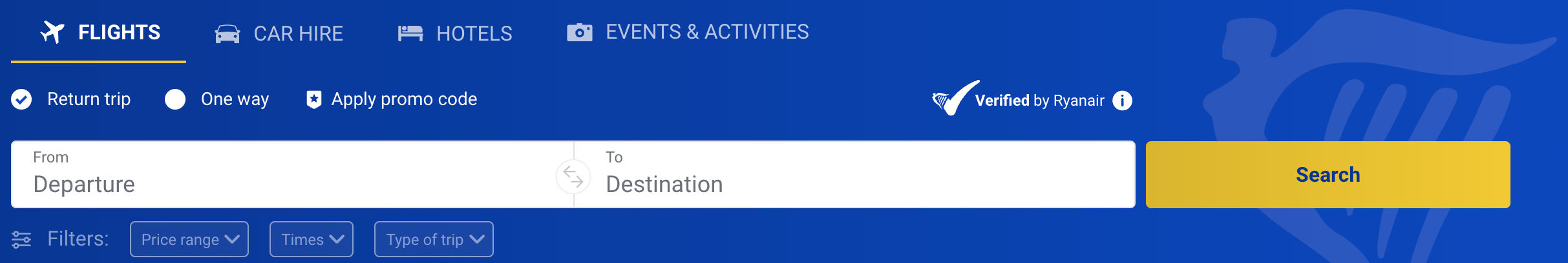 The Ryanair search box. The search box is white on a blue background. To the right of the search box is a yellow-orange search button. Across the top are four search categories to choose from: Flights, Car Hire, Hotels, and Events and Activities. The selected category, Flights, has a yellow-orange line beneath it.
